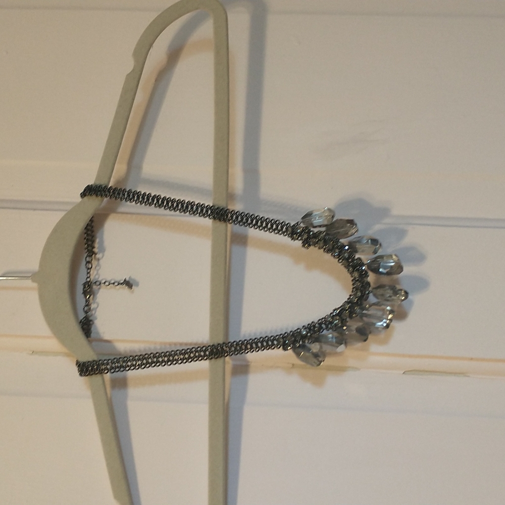 ABS black metallic statement necklace used w/ damages 13 to 15 inch drop length